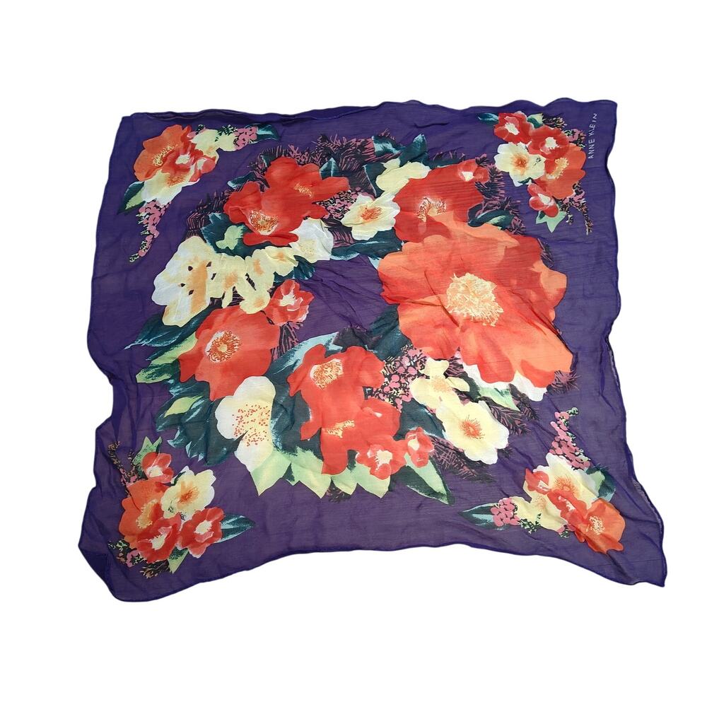 Vintage Anne Klein Bold Floral Print Silk Semi Sheer Scarf